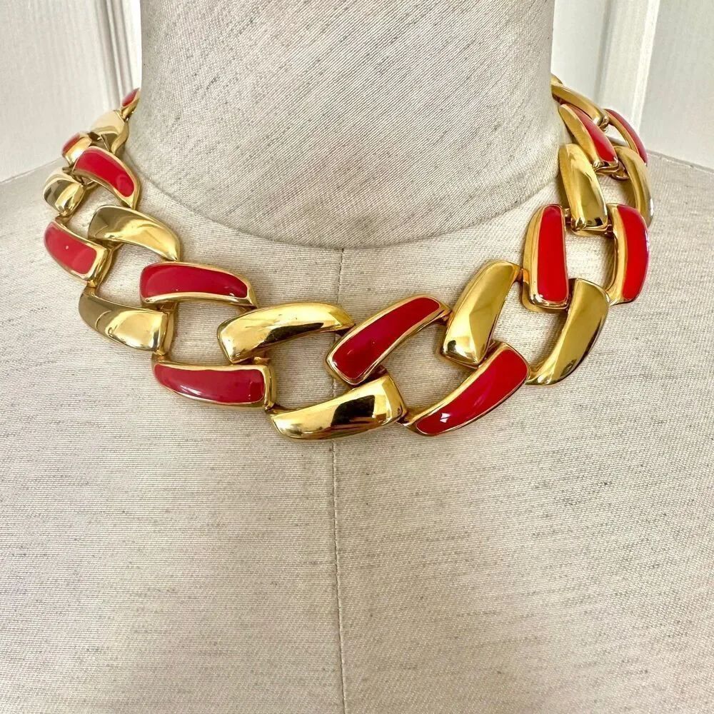 Gold tone red enamel necklace